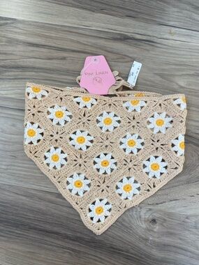 Pink Linen Beige Crochet Daisy Headscarf - Women’s Hair Accessory